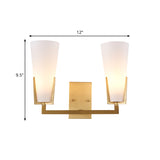 Cone Bedside Sconce Lighting White Glass 2 Bulbs Post Modern Wall Mounted Lamp in Brass Clearhalo 'Cast Iron' 'Glass' 'Industrial' 'Modern wall lights' 'Modern' 'Tiffany' 'Traditional wall lights' 'Wall Lamps & Sconces' 'Wall Lights' Lighting' 759048