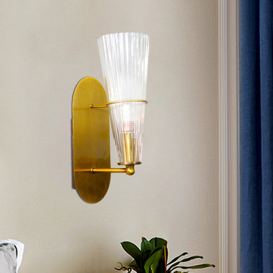 Post Modern 1 Bulb Wall Sconce with Clear Ribbed Glass Shade Gold Finish Cone Wall Lighting Gold Clearhalo 'Cast Iron' 'Glass' 'Industrial' 'Modern wall lights' 'Modern' 'Tiffany' 'Traditional wall lights' 'Wall Lamps & Sconces' 'Wall Lights' Lighting' 759057