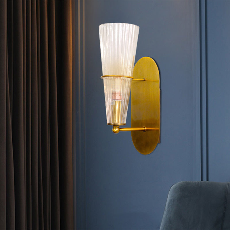 Post Modern 1 Bulb Wall Sconce with Clear Ribbed Glass Shade Gold Finish Cone Wall Lighting Clearhalo 'Cast Iron' 'Glass' 'Industrial' 'Modern wall lights' 'Modern' 'Tiffany' 'Traditional wall lights' 'Wall Lamps & Sconces' 'Wall Lights' Lighting' 759058