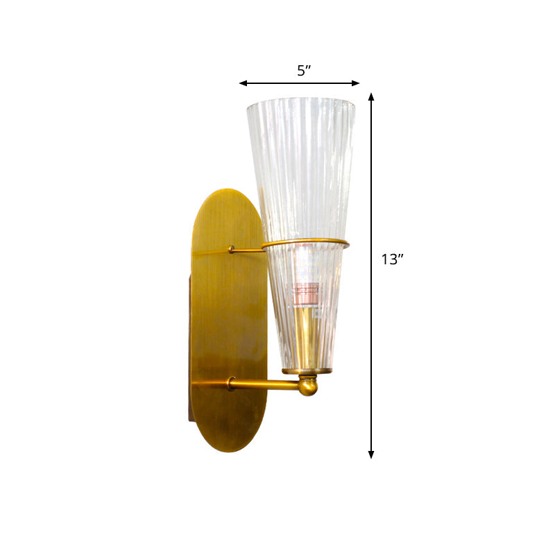 Post Modern 1 Bulb Wall Sconce with Clear Ribbed Glass Shade Gold Finish Cone Wall Lighting Clearhalo 'Cast Iron' 'Glass' 'Industrial' 'Modern wall lights' 'Modern' 'Tiffany' 'Traditional wall lights' 'Wall Lamps & Sconces' 'Wall Lights' Lighting' 759060