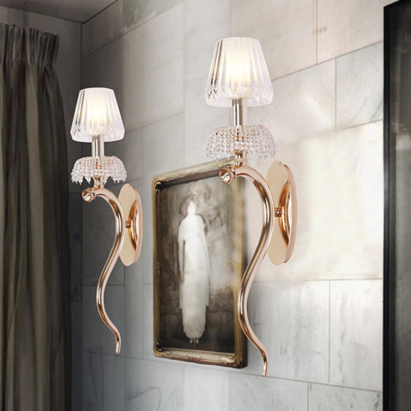 Rose Gold Wave Sconce Contemporary 1 Head Metal Wall Mount Lighting with Cone Clear Ribbed Glass Shade Clear Clearhalo 'Cast Iron' 'Glass' 'Industrial' 'Modern wall lights' 'Modern' 'Tiffany' 'Traditional wall lights' 'Wall Lamps & Sconces' 'Wall Lights' Lighting' 759061