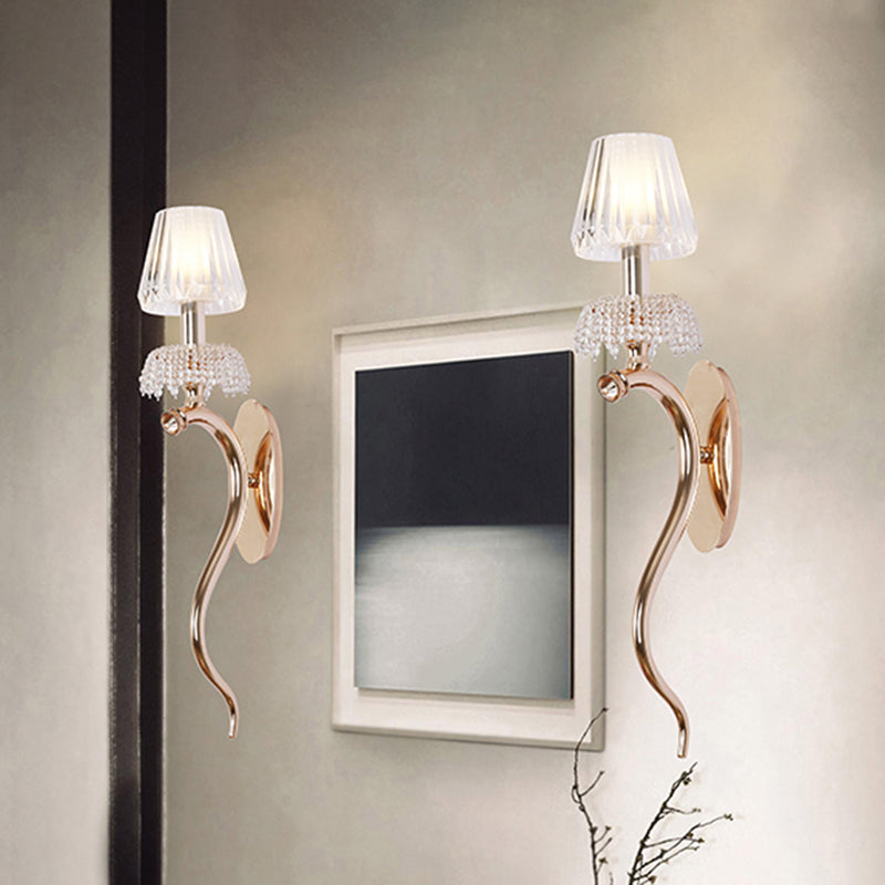 Rose Gold Wave Sconce Contemporary 1 Head Metal Wall Mount Lighting with Cone Clear Ribbed Glass Shade Clearhalo 'Cast Iron' 'Glass' 'Industrial' 'Modern wall lights' 'Modern' 'Tiffany' 'Traditional wall lights' 'Wall Lamps & Sconces' 'Wall Lights' Lighting' 759062