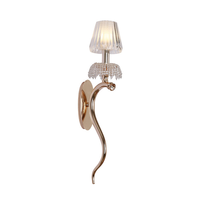 Rose Gold Wave Sconce Contemporary 1 Head Metal Wall Mount Lighting with Cone Clear Ribbed Glass Shade Clearhalo 'Cast Iron' 'Glass' 'Industrial' 'Modern wall lights' 'Modern' 'Tiffany' 'Traditional wall lights' 'Wall Lamps & Sconces' 'Wall Lights' Lighting' 759063