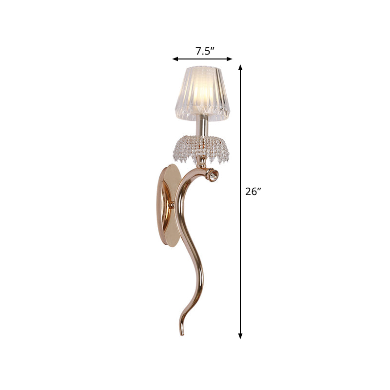 Rose Gold Wave Sconce Contemporary 1 Head Metal Wall Mount Lighting with Cone Clear Ribbed Glass Shade Clearhalo 'Cast Iron' 'Glass' 'Industrial' 'Modern wall lights' 'Modern' 'Tiffany' 'Traditional wall lights' 'Wall Lamps & Sconces' 'Wall Lights' Lighting' 759064