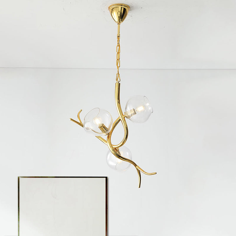 Clear Glass Branch Pendant Chandelier Modernism 3 Heads Gold Finish LED Hanging Ceiling Light Gold Clearhalo 'Ceiling Lights' 'Chandeliers' 'Modern Chandeliers' 'Modern' Lighting' 759082