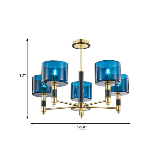 5 Heads Living Room Semi Flush Postmodern Gold Flush Ceiling Light with Drum Blue Glass Shade Clearhalo 'Ceiling Lights' 'Close To Ceiling Lights' 'Close to ceiling' 'Glass shade' 'Glass' 'Semi-flushmount' Lighting' 759097