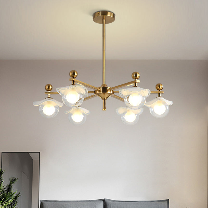 Globe Clear Glass Chandelier Pendant Light Post Modern 6-Head Gold Radial LED Suspension Lamp with Wave Cap Gold Clearhalo 'Ceiling Lights' 'Chandeliers' 'Modern Chandeliers' 'Modern' Lighting' 759106