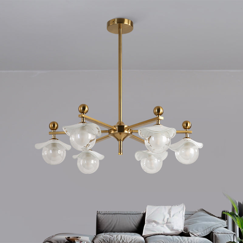 Globe Clear Glass Chandelier Pendant Light Post Modern 6-Head Gold Radial LED Suspension Lamp with Wave Cap Clearhalo 'Ceiling Lights' 'Chandeliers' 'Modern Chandeliers' 'Modern' Lighting' 759107