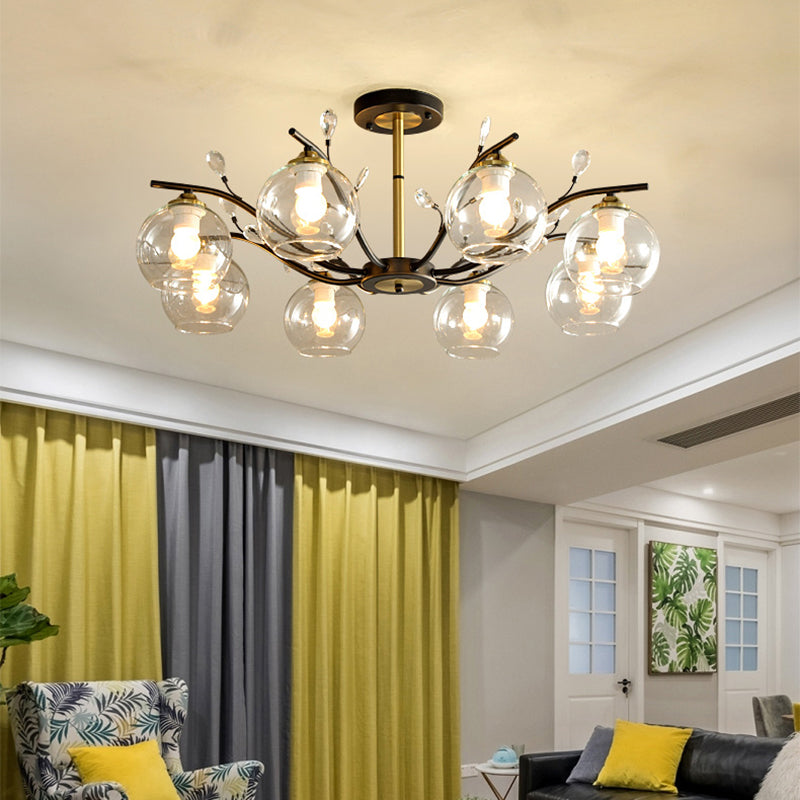 Cream/Clear Glass Global Semi Flush Mount Modernist 8-Bulb Black and Gold Flush Ceiling Light with Crystal Accent Clear Clearhalo 'Ceiling Lights' 'Close To Ceiling Lights' 'Close to ceiling' 'Glass shade' 'Glass' 'Island Lights' 'Semi-flushmount' Lighting' 759110