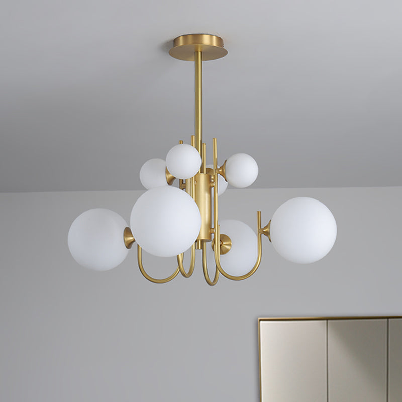 Frosted White Glass Sphere Pendant Light Designer 8 Heads Hanging Chandelier in Brass Brass Clearhalo 'Ceiling Lights' 'Chandeliers' 'Modern Chandeliers' 'Modern' Lighting' 759126