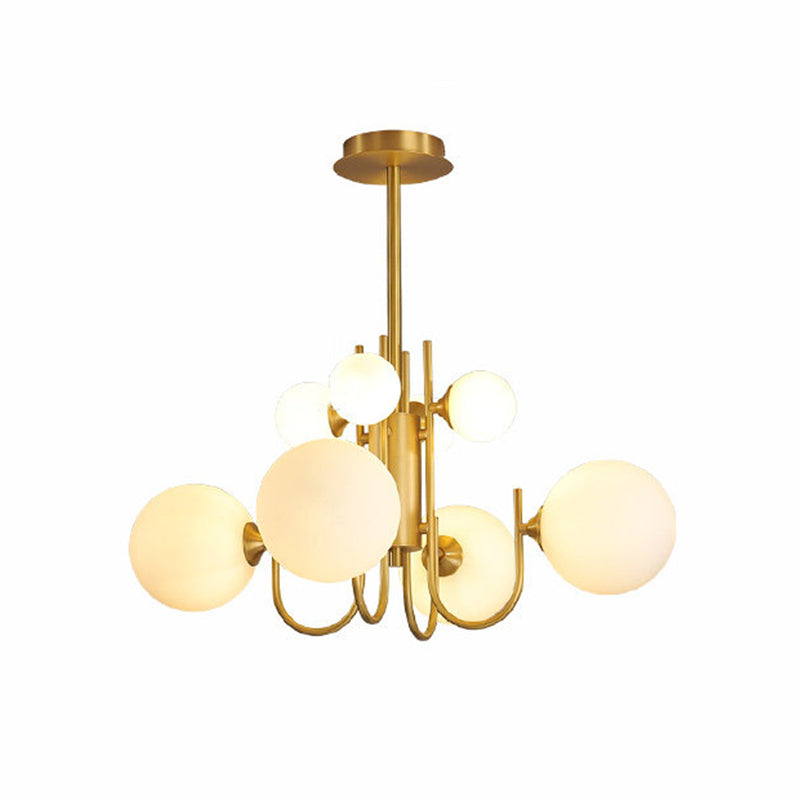 Frosted White Glass Sphere Pendant Light Designer 8 Heads Hanging Chandelier in Brass Clearhalo 'Ceiling Lights' 'Chandeliers' 'Modern Chandeliers' 'Modern' Lighting' 759127