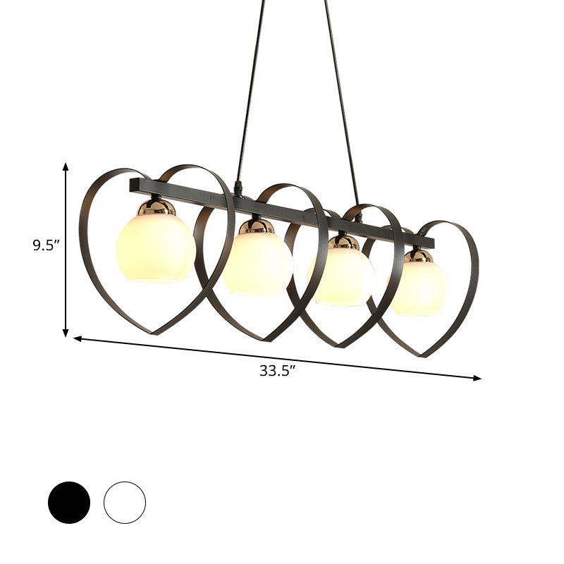 Opal Glass Global Island Lighting Contemporary 3/4 Lights White/Black Hanging Ceiling Lamp with Loving Heart Frame Clearhalo 'Ceiling Lights' 'Glass shade' 'Glass' 'Island Lights' Lighting' 759142