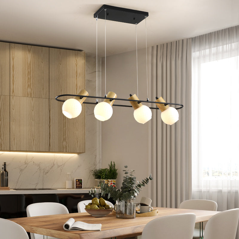Black Orb Island Light Pendant Modernism 3/4-Light Frosted Glass Hanging Lamp Kit with Rectangle Ring Clearhalo 'Ceiling Lights' 'Glass shade' 'Glass' 'Island Lights' 'Pendant Lights' Lighting' 759152