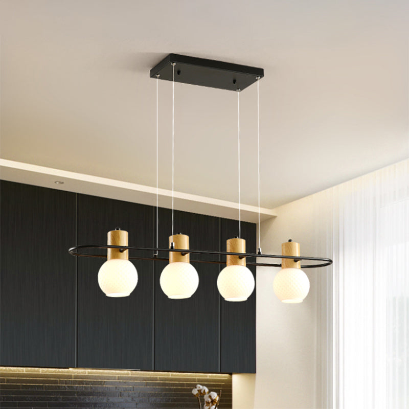 Black Orb Island Light Pendant Modernism 3/4-Light Frosted Glass Hanging Lamp Kit with Rectangle Ring Clearhalo 'Ceiling Lights' 'Glass shade' 'Glass' 'Island Lights' 'Pendant Lights' Lighting' 759153