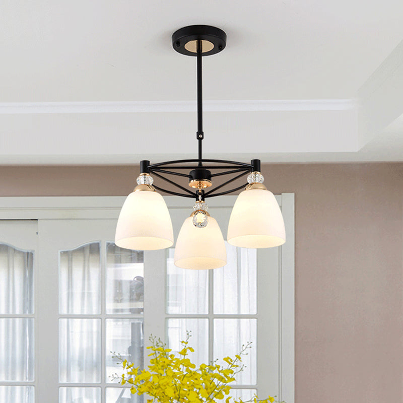 Contemporary Cup Shape Chandelier Cream Glass 3/6 Lights Living Room Hanging Ceiling Lamp in Black with Crystal Droplet 3 Black Clearhalo 'Ceiling Lights' 'Chandeliers' 'Modern Chandeliers' 'Modern' Lighting' 759160