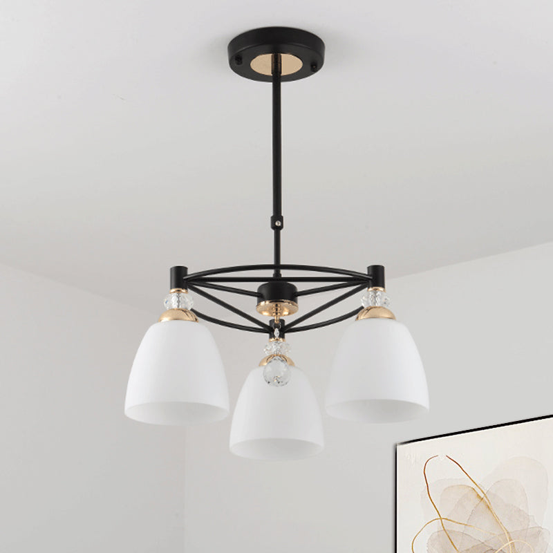 Contemporary Cup Shape Chandelier Cream Glass 3/6 Lights Living Room Hanging Ceiling Lamp in Black with Crystal Droplet Clearhalo 'Ceiling Lights' 'Chandeliers' 'Modern Chandeliers' 'Modern' Lighting' 759161