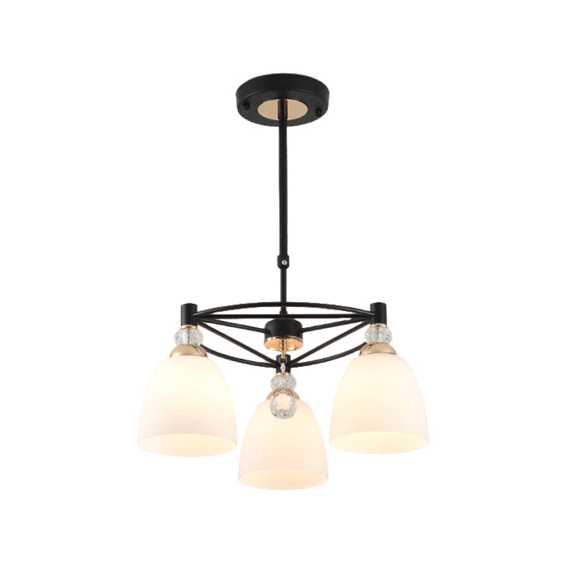 Contemporary Cup Shape Chandelier Cream Glass 3/6 Lights Living Room Hanging Ceiling Lamp in Black with Crystal Droplet Clearhalo 'Ceiling Lights' 'Chandeliers' 'Modern Chandeliers' 'Modern' Lighting' 759162