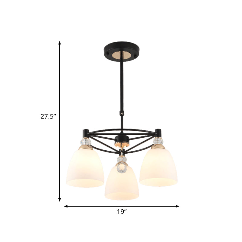 Contemporary Cup Shape Chandelier Cream Glass 3/6 Lights Living Room Hanging Ceiling Lamp in Black with Crystal Droplet Clearhalo 'Ceiling Lights' 'Chandeliers' 'Modern Chandeliers' 'Modern' Lighting' 759163