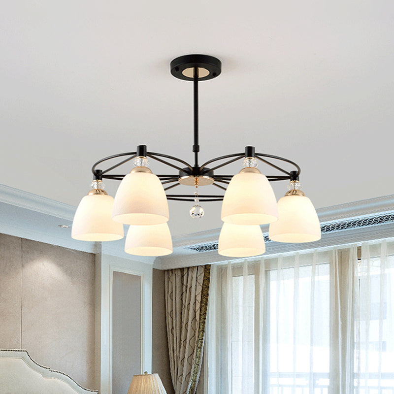 Contemporary Cup Shape Chandelier Cream Glass 3/6 Lights Living Room Hanging Ceiling Lamp in Black with Crystal Droplet 6 Black Clearhalo 'Ceiling Lights' 'Chandeliers' 'Modern Chandeliers' 'Modern' Lighting' 759164