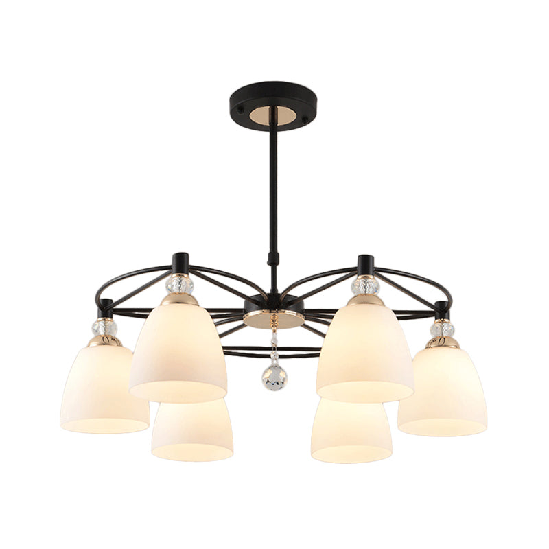 Contemporary Cup Shape Chandelier Cream Glass 3/6 Lights Living Room Hanging Ceiling Lamp in Black with Crystal Droplet Clearhalo 'Ceiling Lights' 'Chandeliers' 'Modern Chandeliers' 'Modern' Lighting' 759166