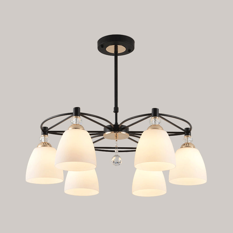 Contemporary Cup Shape Chandelier Cream Glass 3/6 Lights Living Room Hanging Ceiling Lamp in Black with Crystal Droplet Clearhalo 'Ceiling Lights' 'Chandeliers' 'Modern Chandeliers' 'Modern' Lighting' 759167