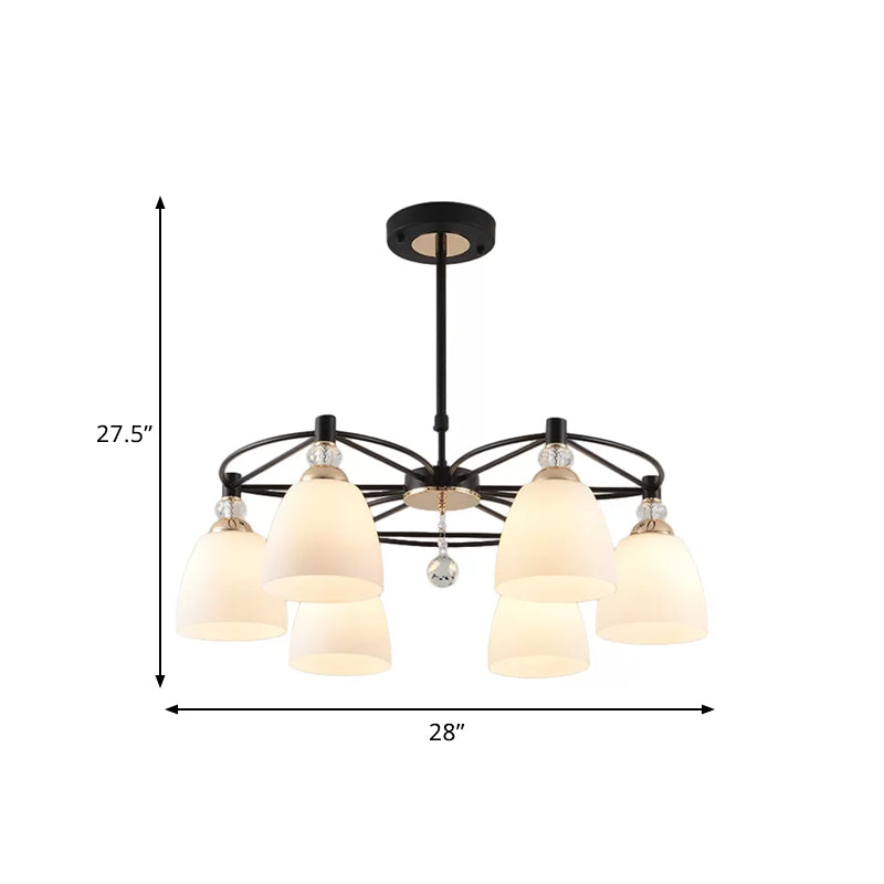 Contemporary Cup Shape Chandelier Cream Glass 3/6 Lights Living Room Hanging Ceiling Lamp in Black with Crystal Droplet Clearhalo 'Ceiling Lights' 'Chandeliers' 'Modern Chandeliers' 'Modern' Lighting' 759168