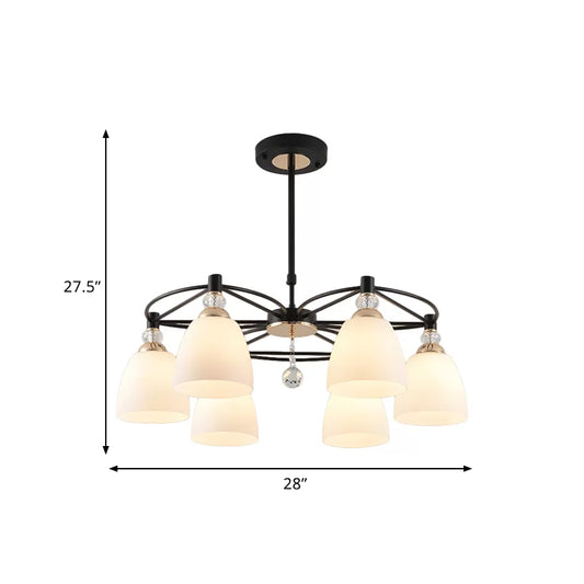 Contemporary Cup Shape Chandelier Cream Glass 3/6 Lights Living Room Hanging Ceiling Lamp in Black with Crystal Droplet Clearhalo 'Ceiling Lights' 'Chandeliers' 'Modern Chandeliers' 'Modern' Lighting' 759168