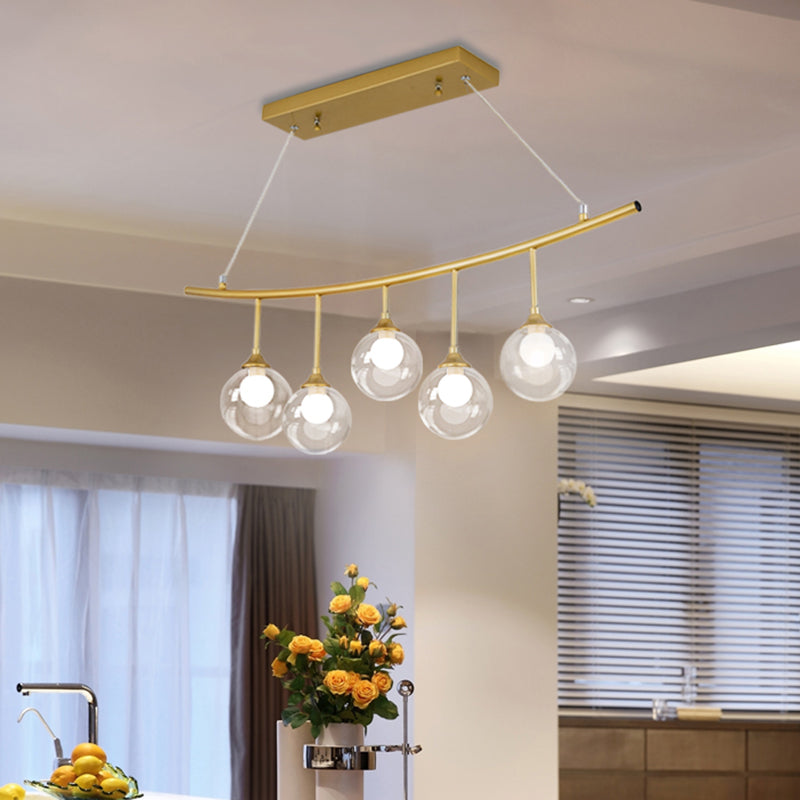 Rope Metal Island Pendant Light Post Modern 5 Bulbs Gold Finish Ceiling Suspension Lamp with Orb Clear Glass Shade Gold Clearhalo 'Ceiling Lights' 'Chandeliers' 'Glass shade' 'Glass' 'Island Lights' Lighting' 759211