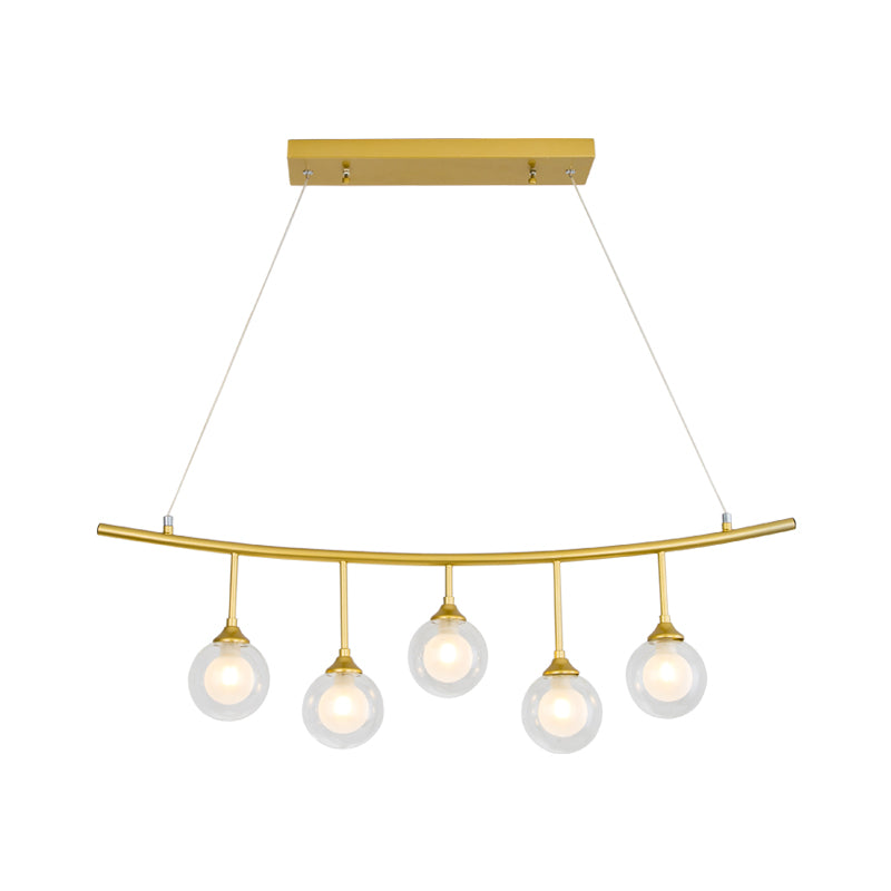Rope Metal Island Pendant Light Post Modern 5 Bulbs Gold Finish Ceiling Suspension Lamp with Orb Clear Glass Shade Clearhalo 'Ceiling Lights' 'Chandeliers' 'Glass shade' 'Glass' 'Island Lights' Lighting' 759212