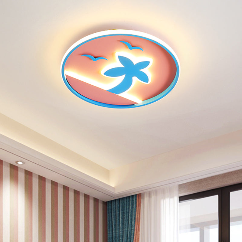 Kids LED Ceiling Flush Light Pink and Blue Tropical Beach Flush Mount Lamp with Circle Acrylic Shade Pink Clearhalo 'Ceiling Lights' 'Close To Ceiling Lights' 'Close to ceiling' 'Flush mount' Lighting' 759258