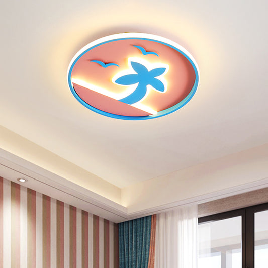 Kids LED Ceiling Flush Light Pink and Blue Tropical Beach Flush Mount Lamp with Circle Acrylic Shade Pink Clearhalo 'Ceiling Lights' 'Close To Ceiling Lights' 'Close to ceiling' 'Flush mount' Lighting' 759258