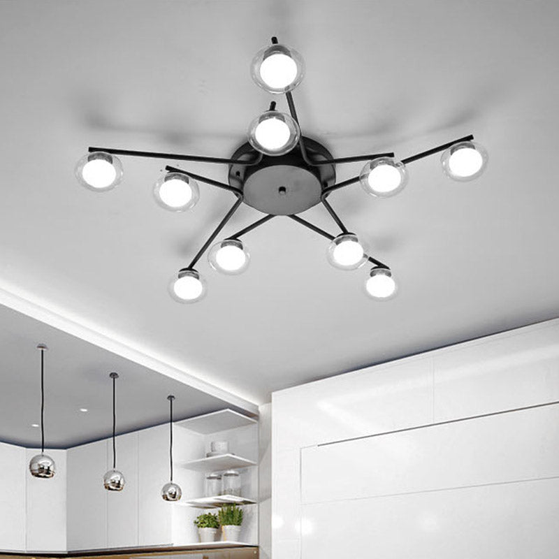 Black Pentagram Ceiling Flush Kids 10 Heads Iron Semi Mount Lighting with Dual Ball Glass Shade Black Clearhalo 'Ceiling Lights' 'Close To Ceiling Lights' 'Close to ceiling' 'Semi-flushmount' Lighting' 759353