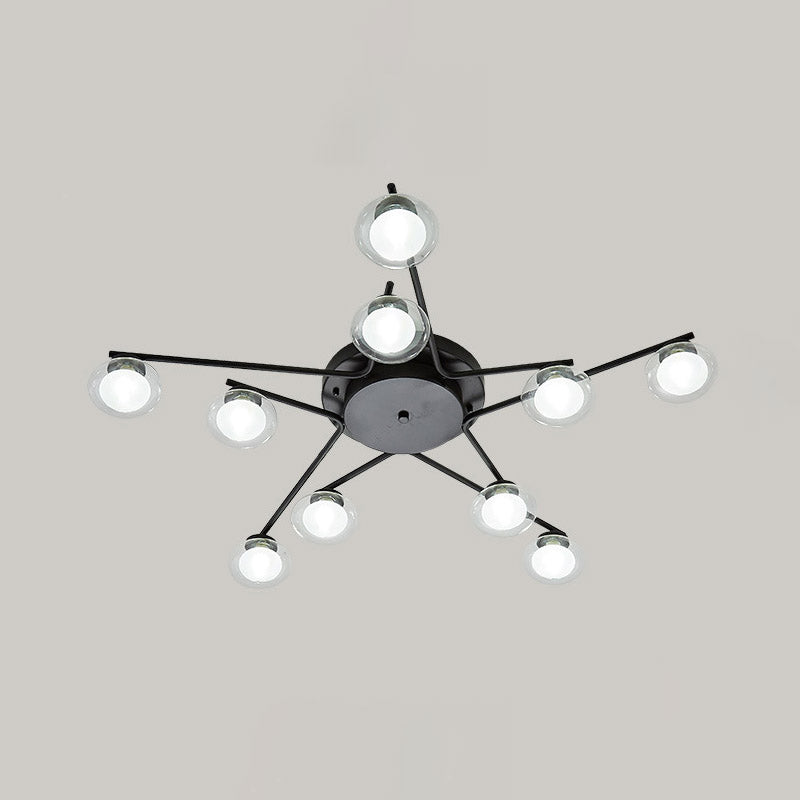 Black Pentagram Ceiling Flush Kids 10 Heads Iron Semi Mount Lighting with Dual Ball Glass Shade Clearhalo 'Ceiling Lights' 'Close To Ceiling Lights' 'Close to ceiling' 'Semi-flushmount' Lighting' 759355