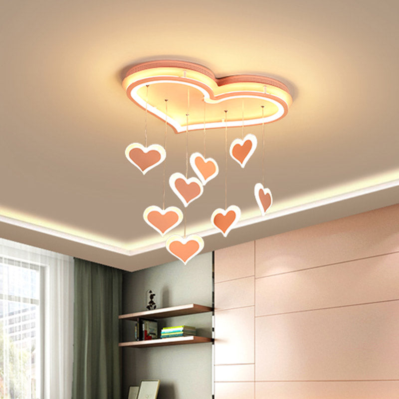 Waterfall Loving Heart Iron Ceiling Lamp Macaron Pink 21"/25" Wide LED Flush Mount Lighting for Bedroom Pink Clearhalo 'Ceiling Lights' 'Close To Ceiling Lights' 'Close to ceiling' 'Flush mount' Lighting' 759361