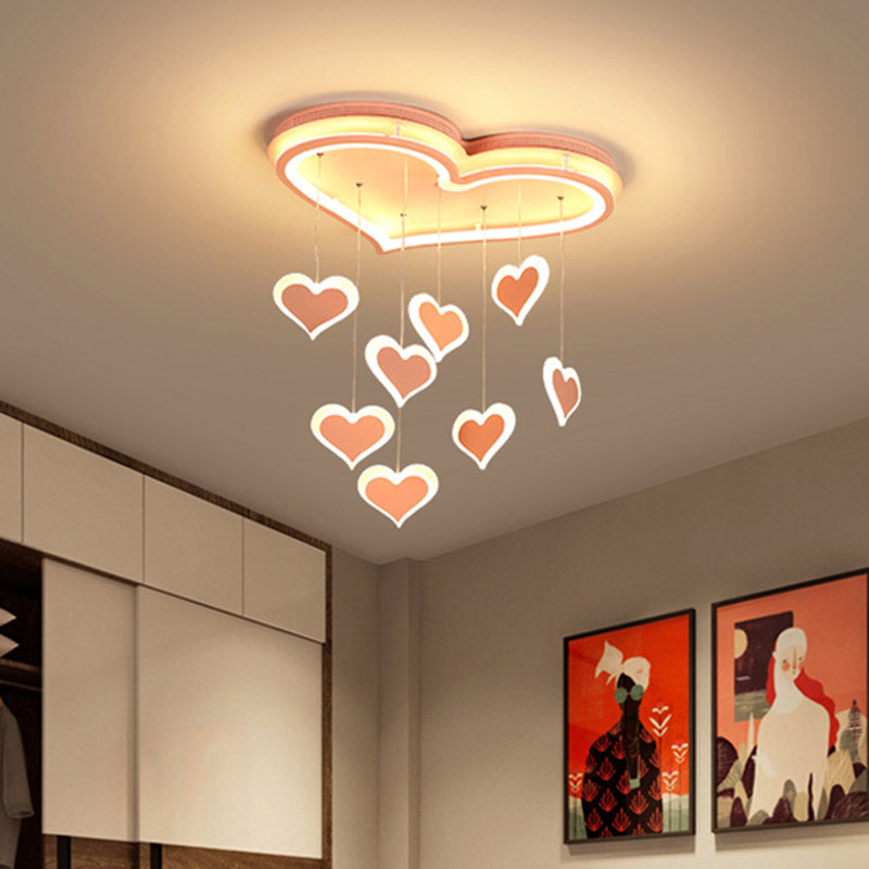 Waterfall Loving Heart Iron Ceiling Lamp Macaron Pink 21"/25" Wide LED Flush Mount Lighting for Bedroom Clearhalo 'Ceiling Lights' 'Close To Ceiling Lights' 'Close to ceiling' 'Flush mount' Lighting' 759362