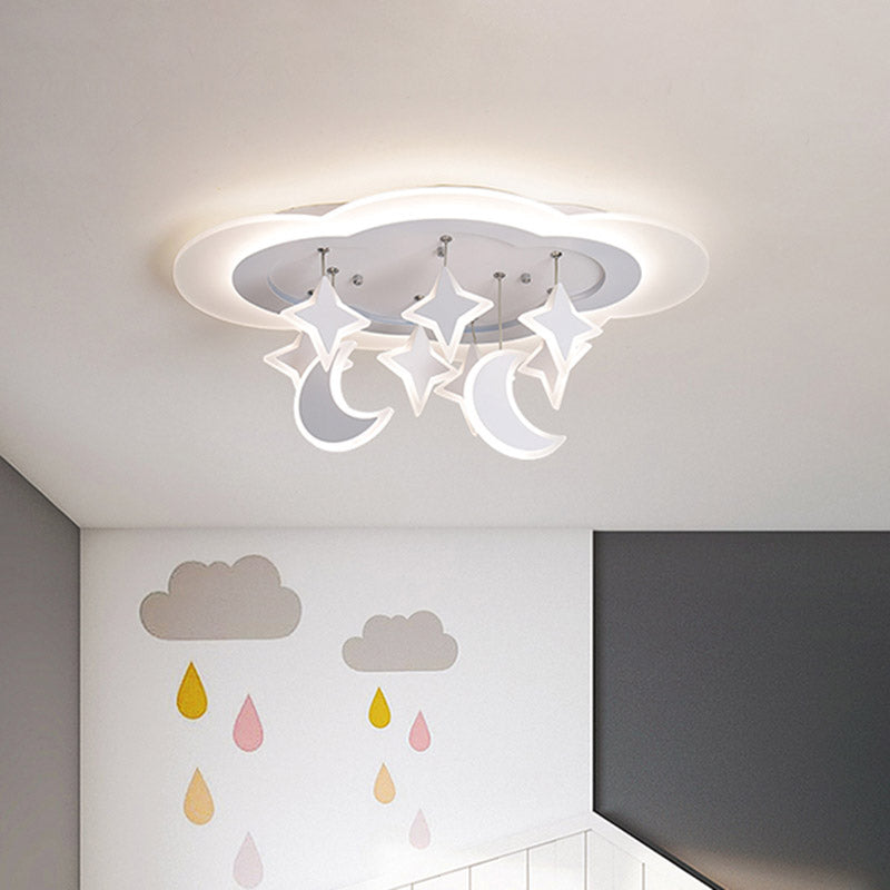 Acrylic Cloudy LED Flush Ceiling Light Kid White Flush Mount Lighting with Dangling Moon and Star, Warm/White Light Clearhalo 'Ceiling Lights' 'Close To Ceiling Lights' 'Close to ceiling' 'Flush mount' Lighting' 759371