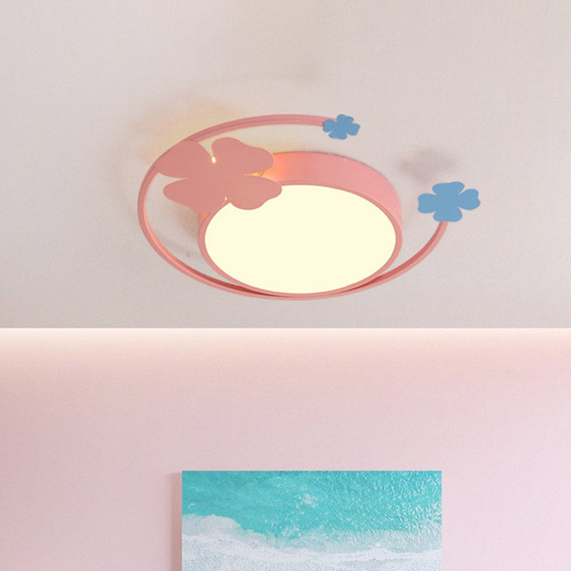 Circle Thin LED Flush Light Fixture Macaron Iron Pink Ceiling Mounted Lighting in Warm/White Light with Clover Detail Clearhalo 'Ceiling Lights' 'Close To Ceiling Lights' 'Close to ceiling' 'Flush mount' Lighting' 759375