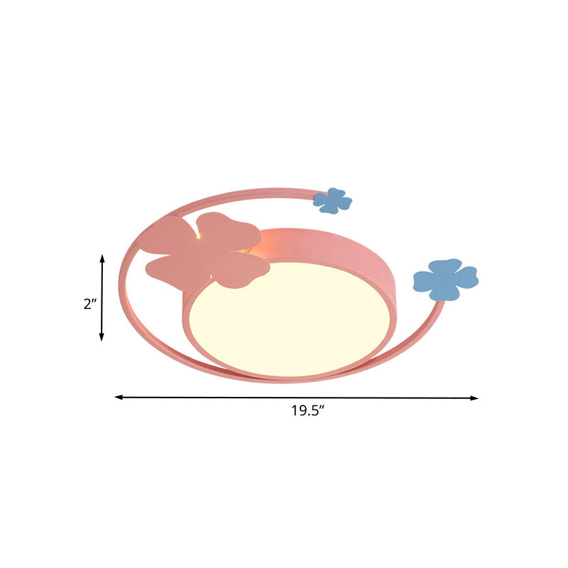 Circle Thin LED Flush Light Fixture Macaron Iron Pink Ceiling Mounted Lighting in Warm/White Light with Clover Detail Clearhalo 'Ceiling Lights' 'Close To Ceiling Lights' 'Close to ceiling' 'Flush mount' Lighting' 759377