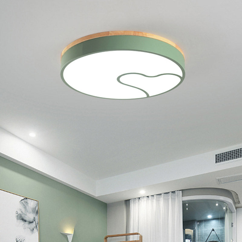 Macaron Rounded Iron Ceiling Flush LED Flush Mount Lighting with Wave Pattern in Green/White/Grey and Wood Green Clearhalo 'Ceiling Lights' 'Close To Ceiling Lights' 'Close to ceiling' 'Flush mount' Lighting' 759398