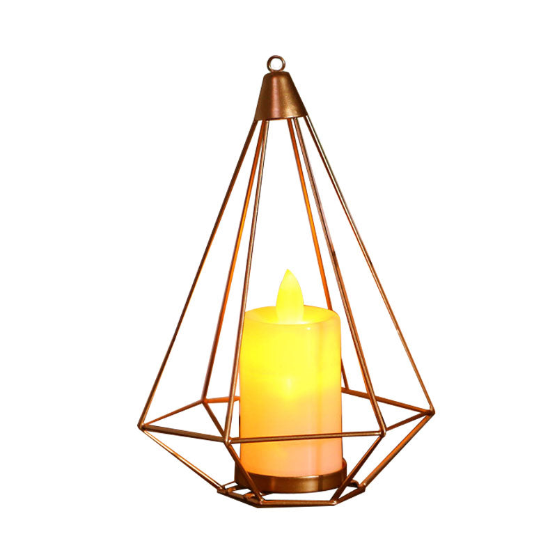 Candle Style Table Lamp Kids Iron Golden LED Nightstand Lighting with Triangle/Cactus Cage Clearhalo 'Night Lights' 'Wall Lights' Lighting' 759455