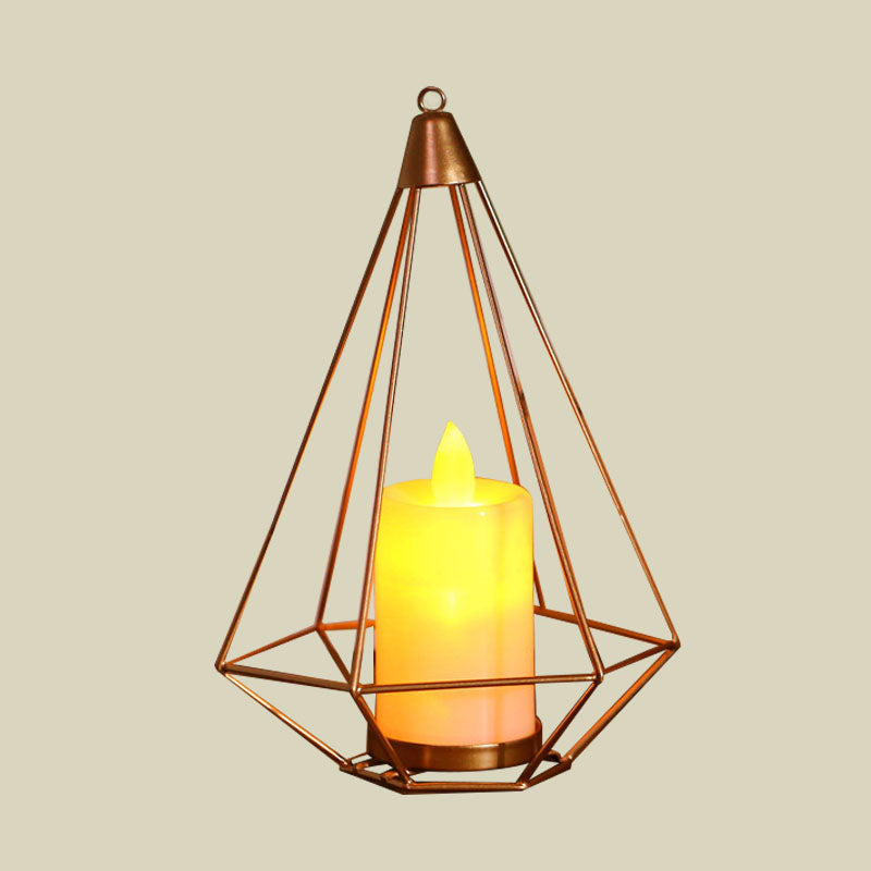 Candle Style Table Lamp Kids Iron Golden LED Nightstand Lighting with Triangle/Cactus Cage Clearhalo 'Night Lights' 'Wall Lights' Lighting' 759456