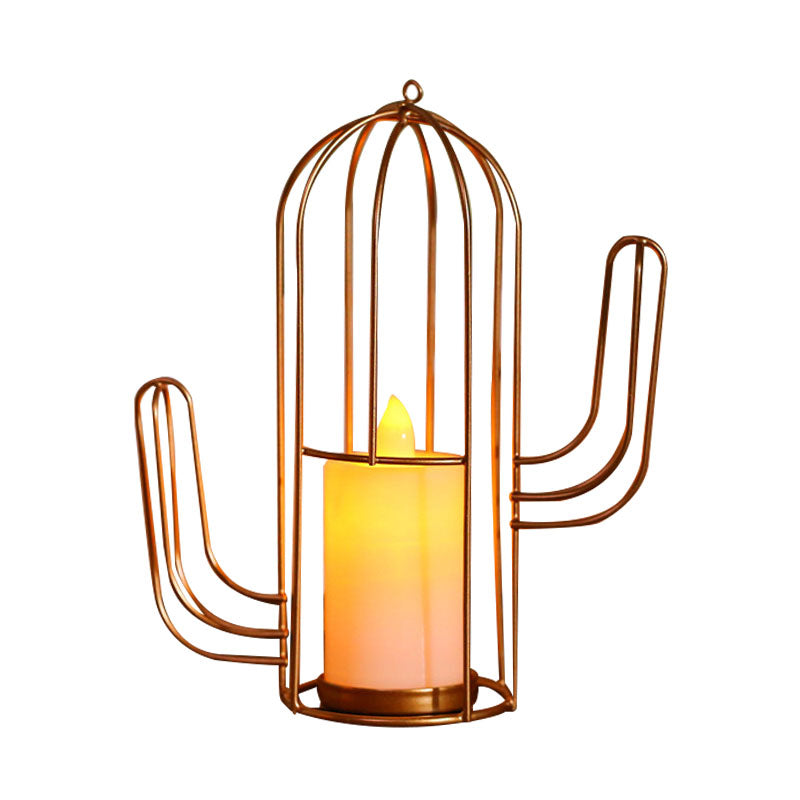 Candle Style Table Lamp Kids Iron Golden LED Nightstand Lighting with Triangle/Cactus Cage Clearhalo 'Night Lights' 'Wall Lights' Lighting' 759460