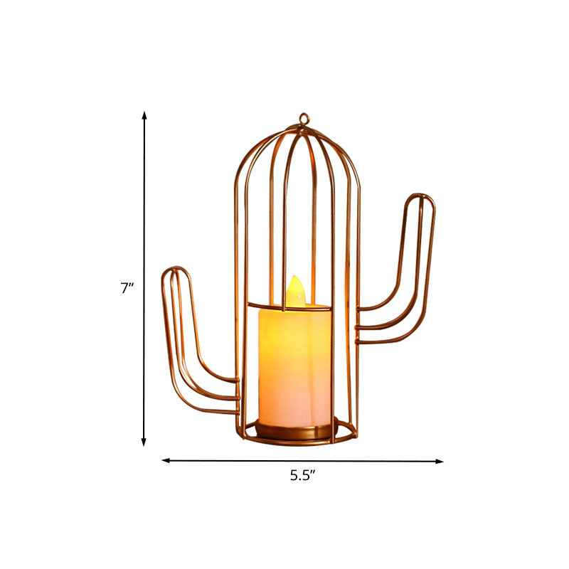 Candle Style Table Lamp Kids Iron Golden LED Nightstand Lighting with Triangle/Cactus Cage Clearhalo 'Night Lights' 'Wall Lights' Lighting' 759461