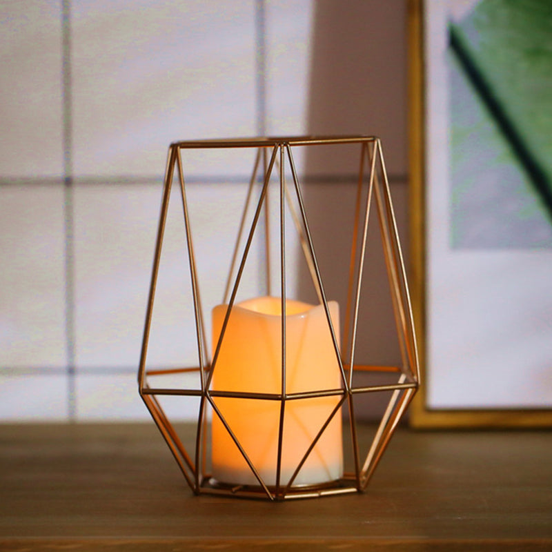 Kids Battery Powered LED Night Lamp Gold Diamond/Triangle/Hexagon Table Light with Iron Cage and Inner Candle Shade Clearhalo 'Night Lights' 'Wall Lights' Lighting' 759467