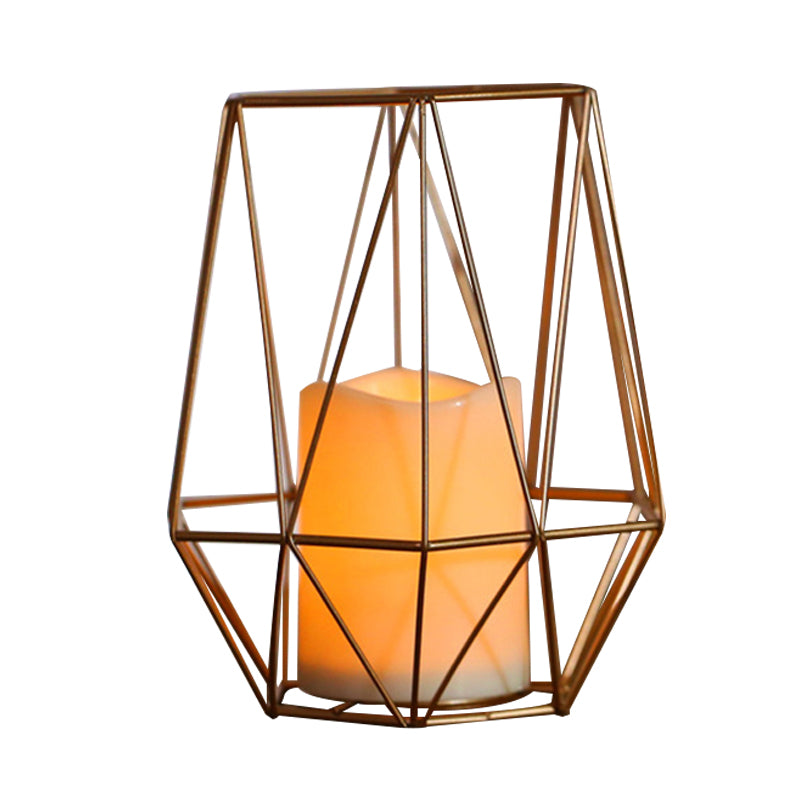 Kids Battery Powered LED Night Lamp Gold Diamond/Triangle/Hexagon Table Light with Iron Cage and Inner Candle Shade Clearhalo 'Night Lights' 'Wall Lights' Lighting' 759468