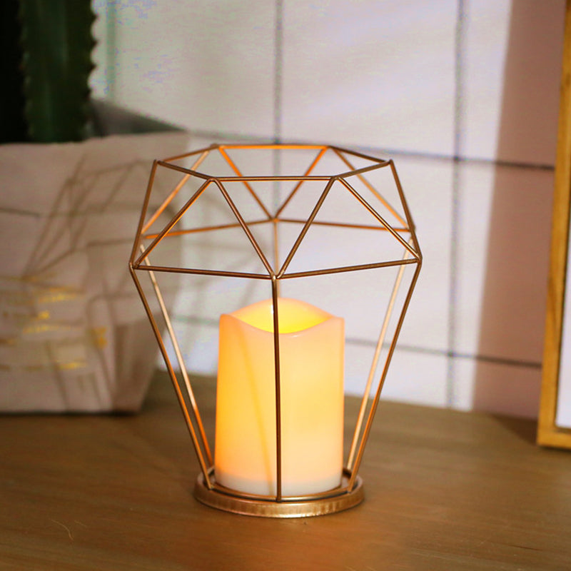 Kids Battery Powered LED Night Lamp Gold Diamond/Triangle/Hexagon Table Light with Iron Cage and Inner Candle Shade Gold Diamond Clearhalo 'Night Lights' 'Wall Lights' Lighting' 759470