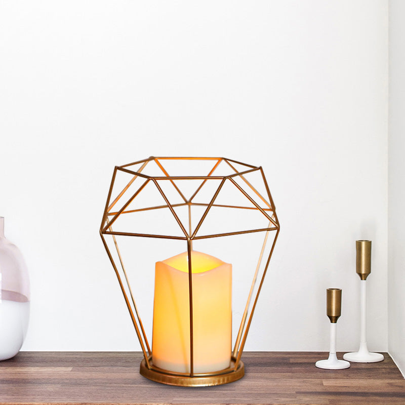 Kids Battery Powered LED Night Lamp Gold Diamond/Triangle/Hexagon Table Light with Iron Cage and Inner Candle Shade Clearhalo 'Night Lights' 'Wall Lights' Lighting' 759471