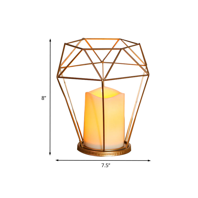 Kids Battery Powered LED Night Lamp Gold Diamond/Triangle/Hexagon Table Light with Iron Cage and Inner Candle Shade Clearhalo 'Night Lights' 'Wall Lights' Lighting' 759473