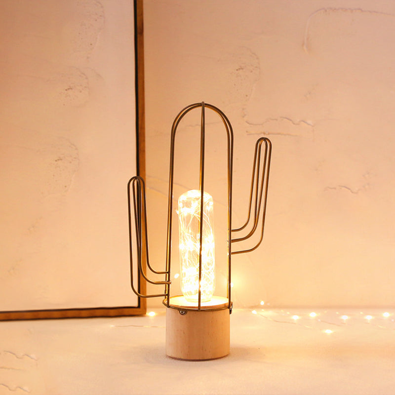 Capsule Clear Glass Night Light Kids Gold Rechargeable LED Table Lamp with Cactus Steel Cage Guard Gold Clearhalo 'Night Lights' 'Wall Lights' Lighting' 759486