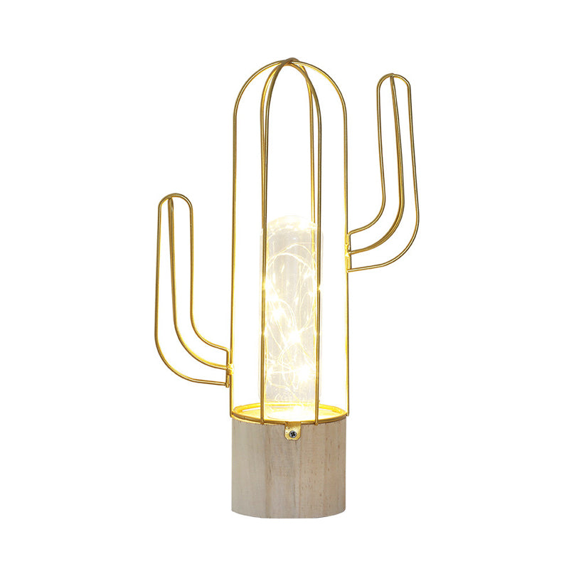 Capsule Clear Glass Night Light Kids Gold Rechargeable LED Table Lamp with Cactus Steel Cage Guard Clearhalo 'Night Lights' 'Wall Lights' Lighting' 759488